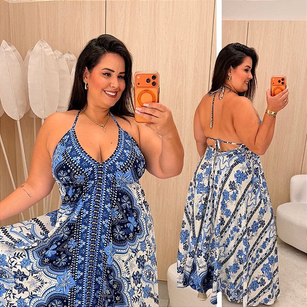 Vestido Lenço Adrieli Floral Azul e Branco Plus Size