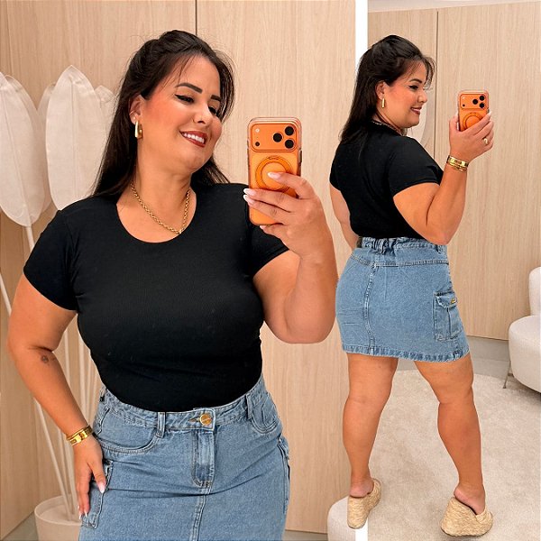 Body Ribana Manga Preto Plus Size