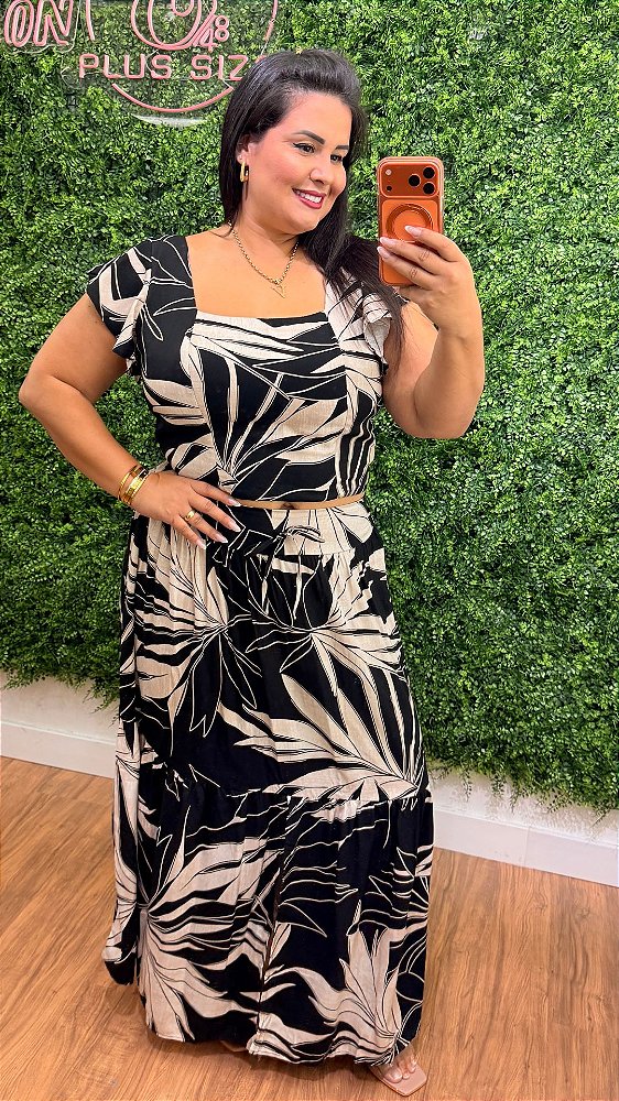 Conjunto Saia Mali Branco Estampado Plus Size