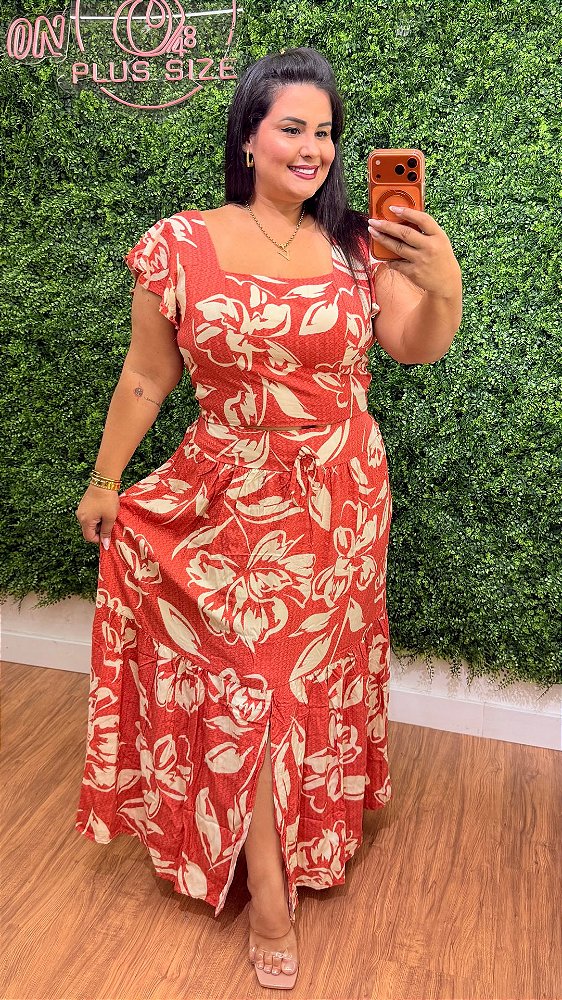 Conjunto Saia Mali Terra Cota Estampado Plus Size