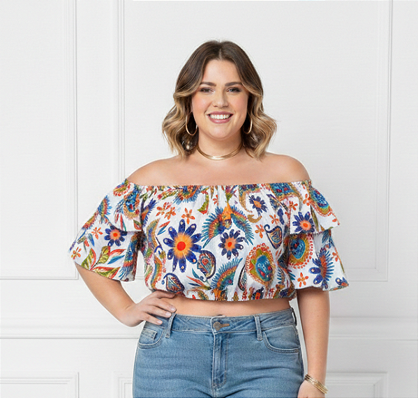 Cropped Ciganinha Vip Estampado Azul e Amarelo Plus Size