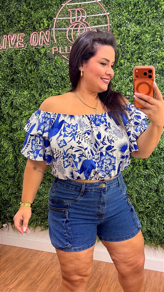 Cropped Ciganinha Vip Estampado Azul e Branco Plus Size