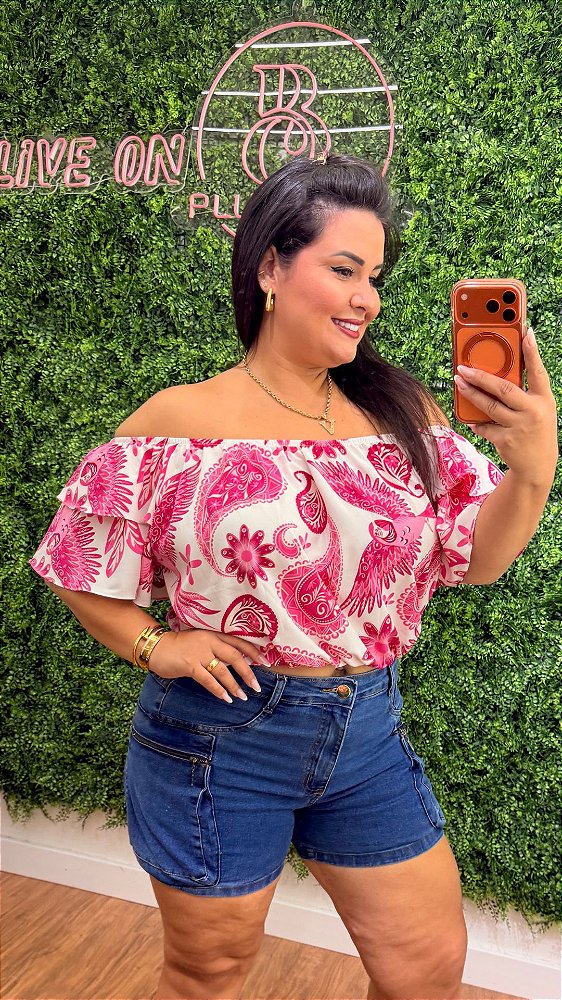 Cropped Ciganinha Vip Estampado Rosa Plus Size