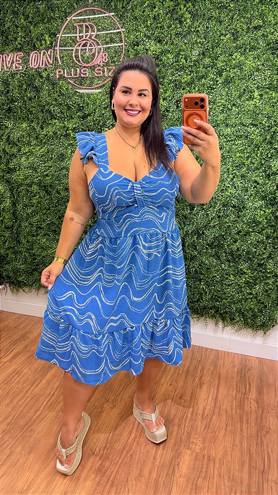 Vestido Curto Mali Azul Estampado Plus Size