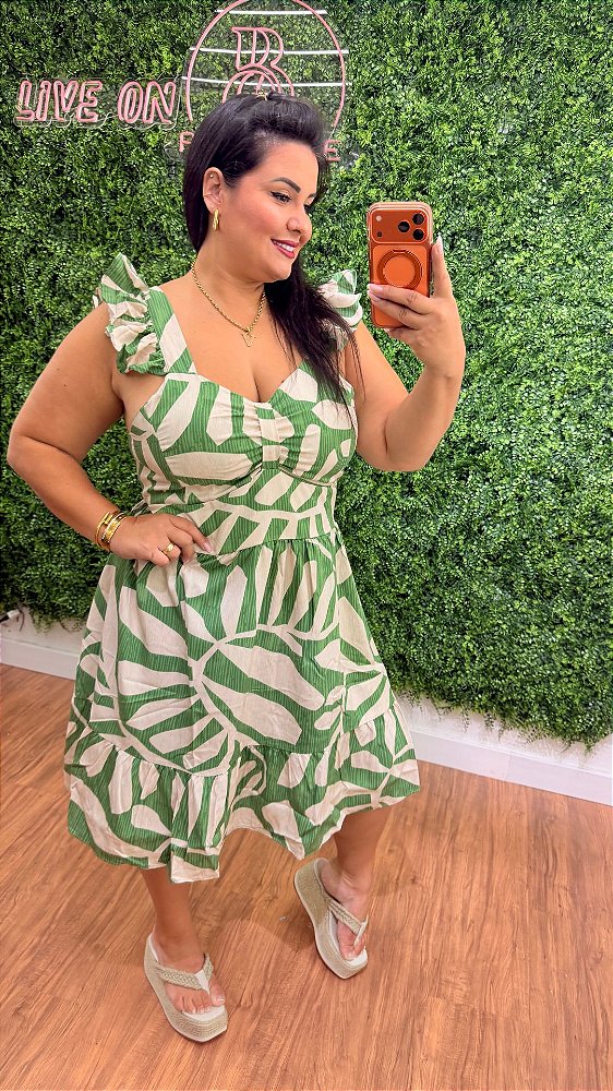 Vestido Curto Mali Estampado Branco e Verde Plus Size