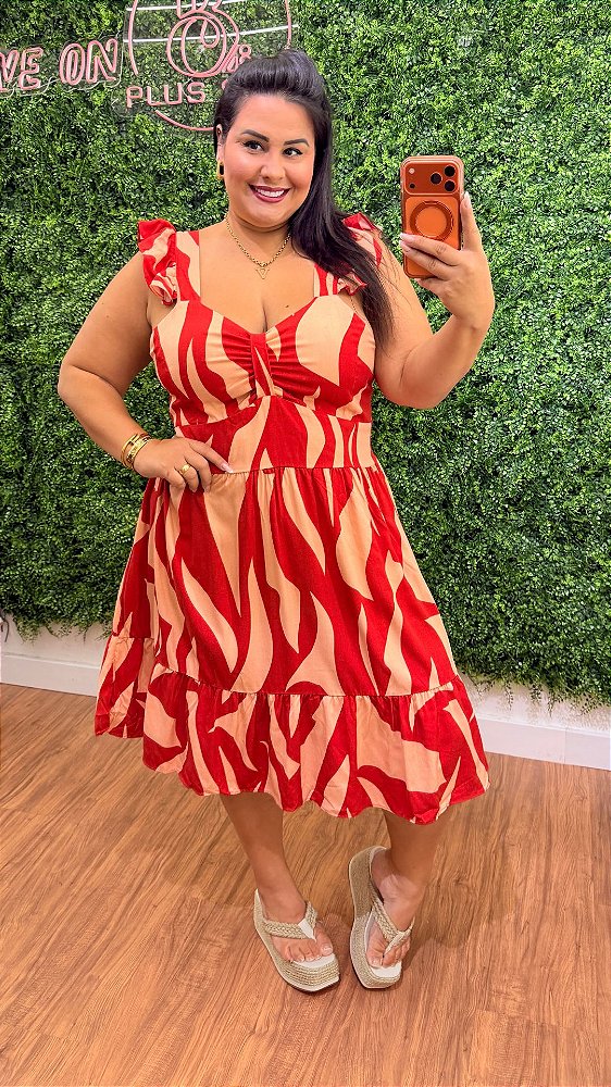 Vestido Curto Mali Estampado Terra Cota e Bege Plus Size