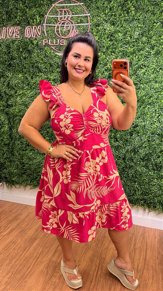 Vestido Curto Mali Rosa Escuro Estampado Plus Size