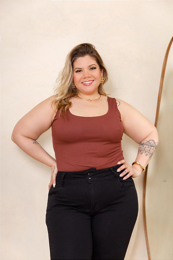Body Alça Ribana Cruzado Marrom Plus Size