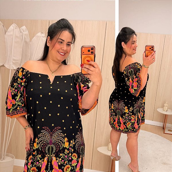 Vestido Giovana Estampado Preto e Amarelo Plus Size