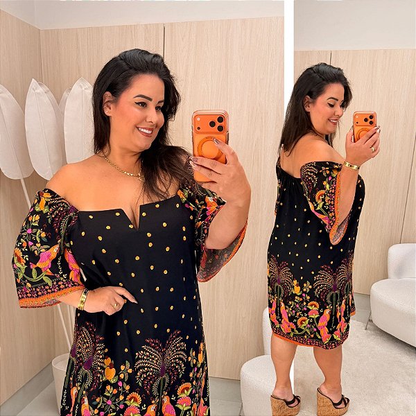 Vestido Giovana Estampado Preto e Amarelo Plus Size