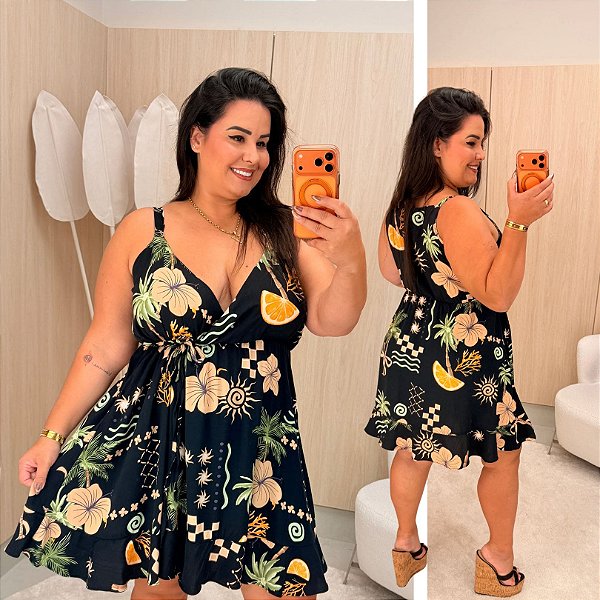 Vestido Vip Mayara Preto Estampado Plus Size