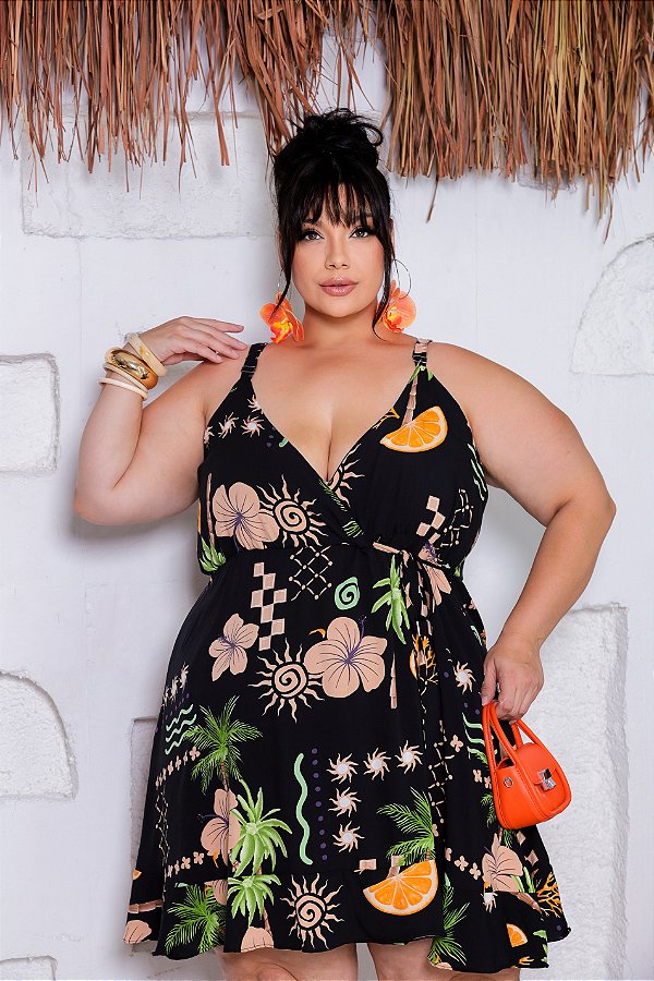 Vestido Vip Mayara Preto Estampado Plus Size