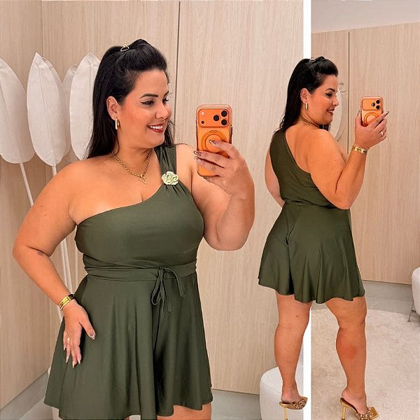 Macaquinho Nula Nina Verde Militar Plus Size