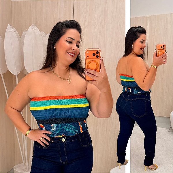Cropped Tomara que Caia Elastex Listras Verde Plus Size