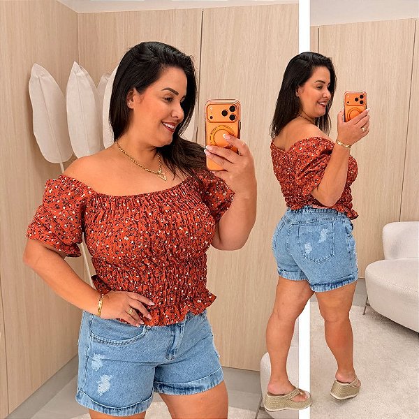 Cropped Manga Elastex Terra Cota Floral Plus Size
