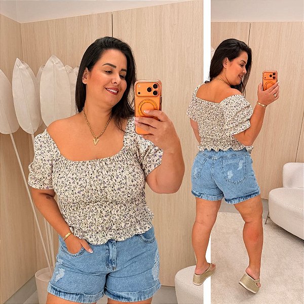 Cropped Manga Elastex Floral Lilás Plus Size