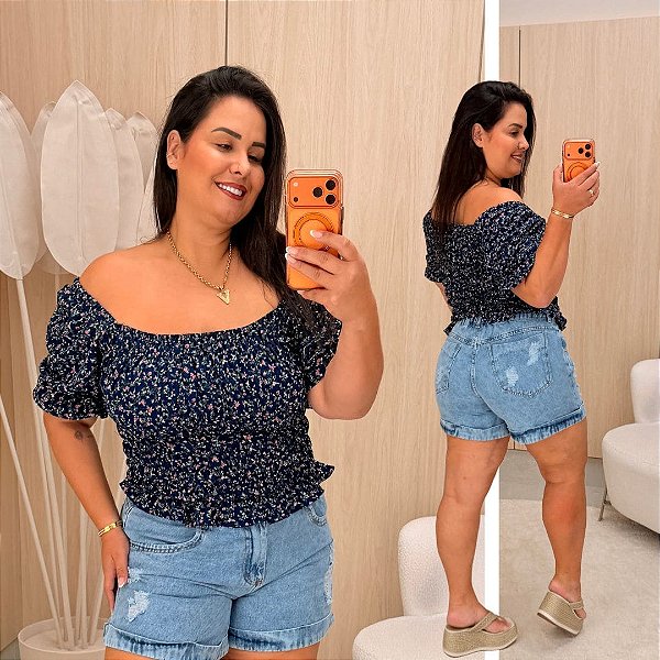 Cropped Manga Elastex Azul Floral Plus Size