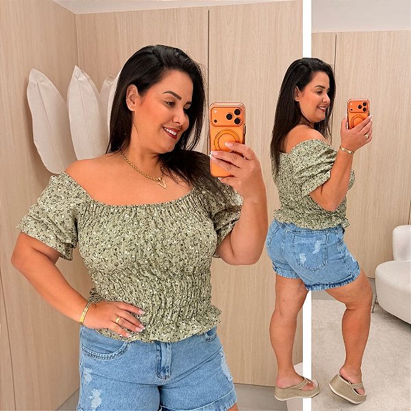 Cropped Manga Elastex Verde Floral Plus Size