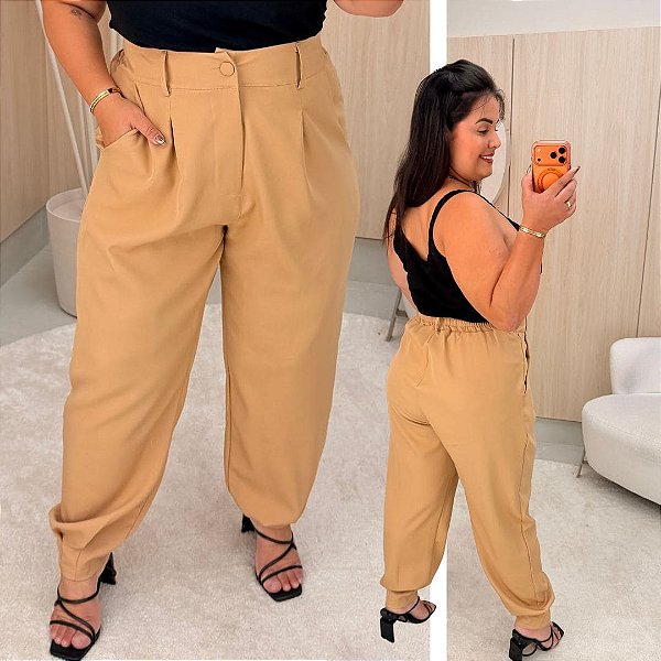 Calça Alfaiataria Lari Bege Plus Size