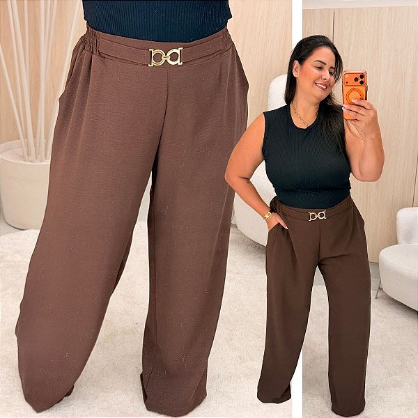 Calça Pantalona Cinto Vip Marrom Plus Size