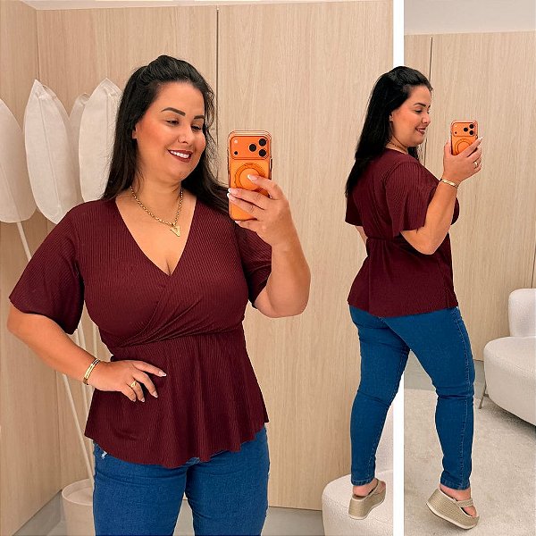 Blusa Canelada Thais Vinho Plus Size