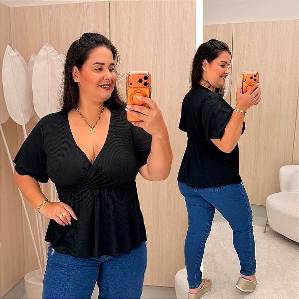 Blusa Canelada Thais Preta Plus Size