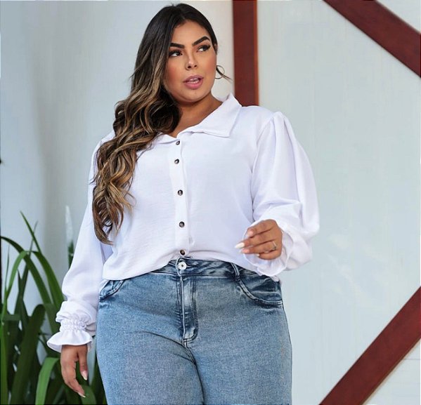 Camisa Manga Punho Branca Plus Size