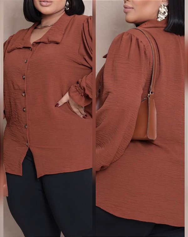 Camisa Manga Punho Marrom Plus Size