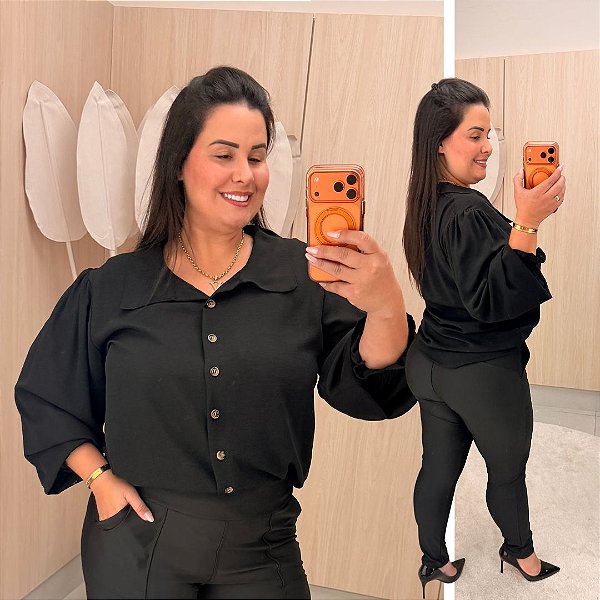 Camisa Manga Punho Preta Plus Size