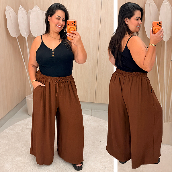 Pantalona Cós Duplo Marrom Plus Size