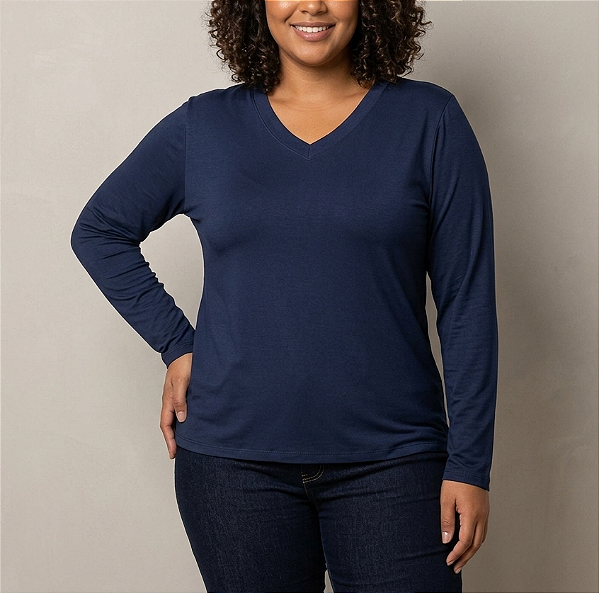 Blusa Manga Longa Viscolycra Azul Plus Size
