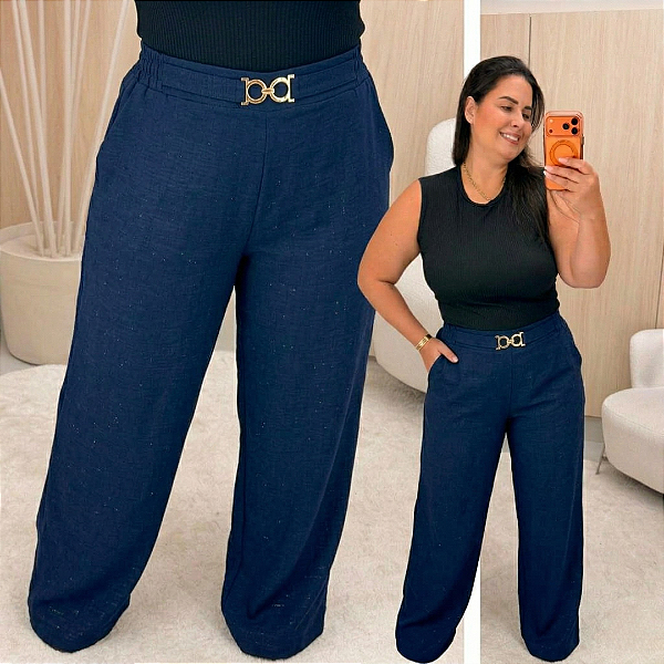 Calça Pantalona Cinto Vip Azul Marinho Plus Size