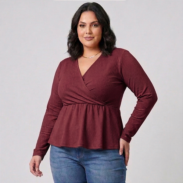 Blusa Manga Longa Pamela Bata Vinho Plus Size