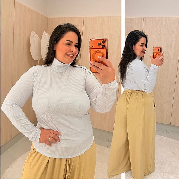 Blusa Manga Olivia Gola Alta Branca Plus Size