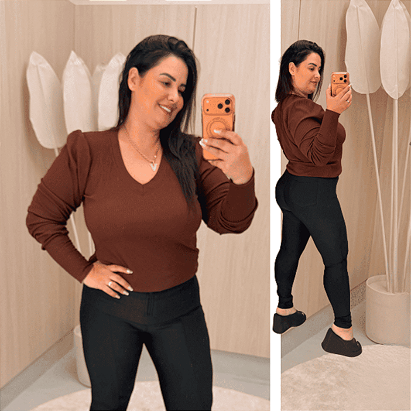 Blusa Manga Ariane Gola V Marrom Plus Size