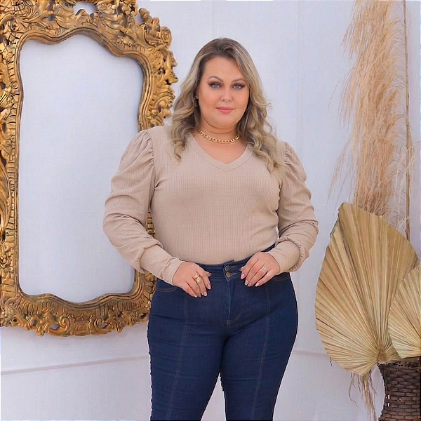 Blusa Manga Ariane Gola V Bege Plus Size
