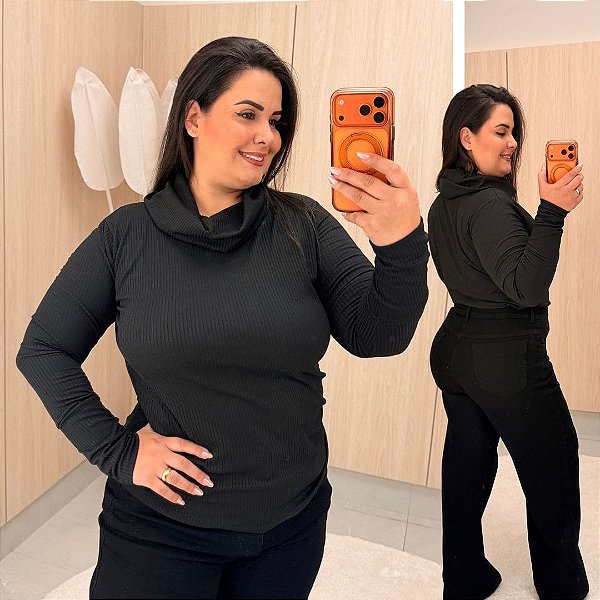 Blusa Manga Lorrana Gola Boba Preto Plus Size