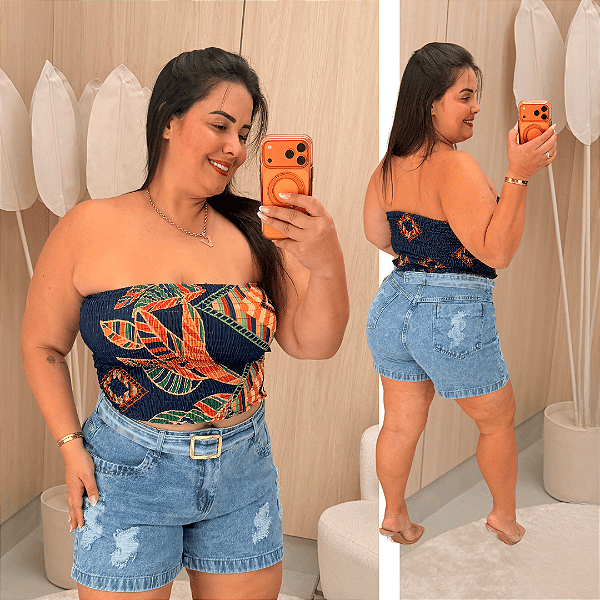 Cropped Tomara que Caia Elastex Geo Azul Laranja Plus Size
