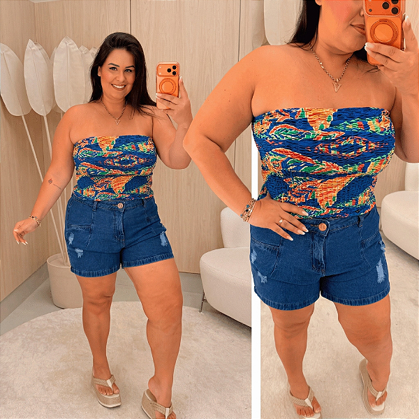 Cropped Tomara que Caia Elastex Geo Azul Laranja Plus Size
