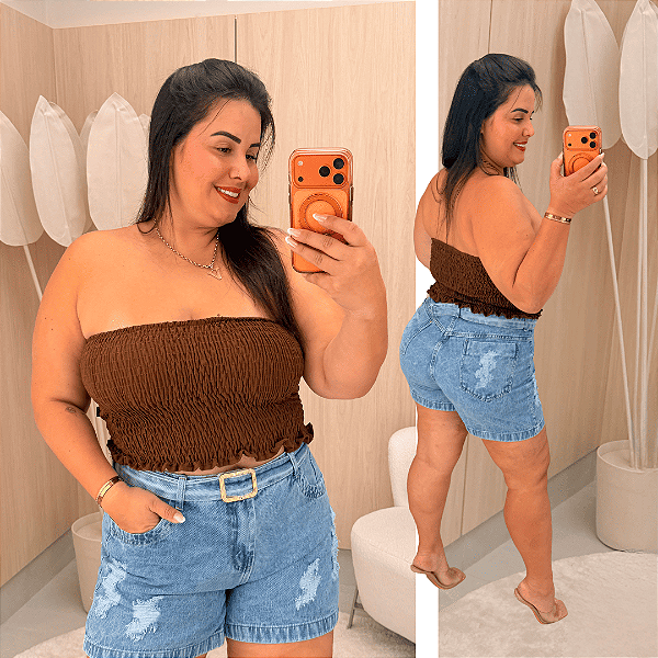 Cropped Tomara que Caia Elastex Marrom Plus Size