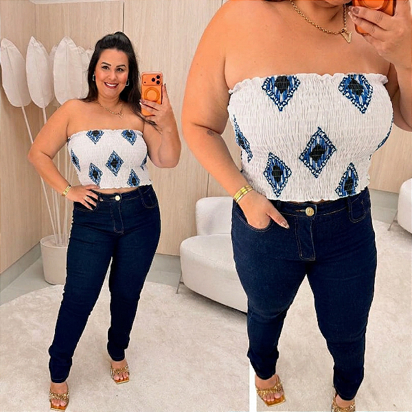 Cropped Tomara que Caia Elastex Geo Branco Azul Plus Size