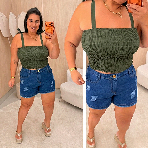Cropped Elastex Alça Verde Militar Plus Size