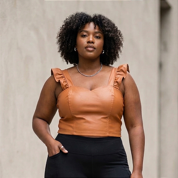 Cropped Corino Flavia Caramelo Babado Plus Size