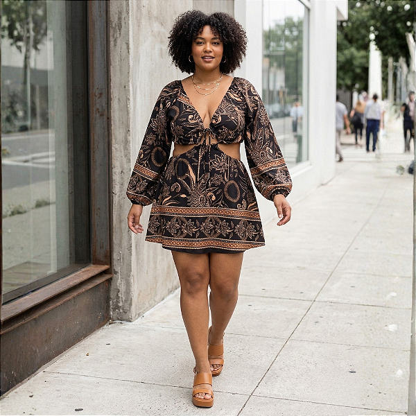 Macaquinho Pamela Manga Estampado Preto Plus Size