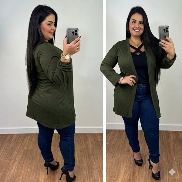 Cardigan Max Canelado Selena Verde Militar Plus Size