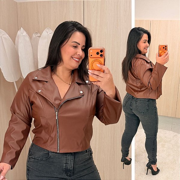 Jaqueta Corino Ana Marrom Plus Size