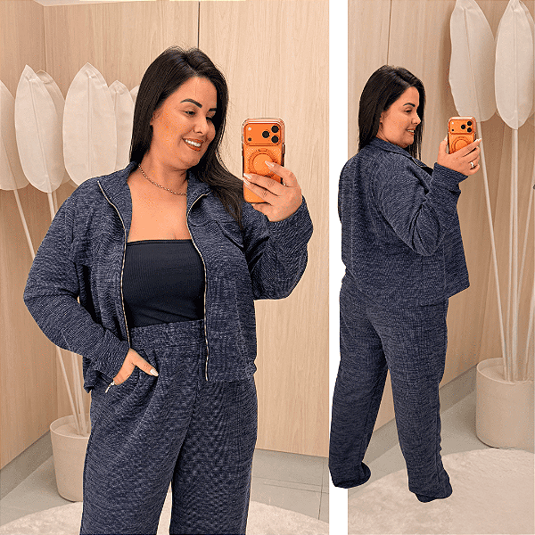 Conjunto Vip Manga Longa Emily Azul Marinho Plus Size