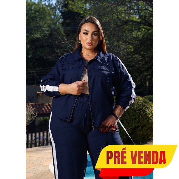 Conjunto Manga Listra Naty Azul Marinho Plus Size