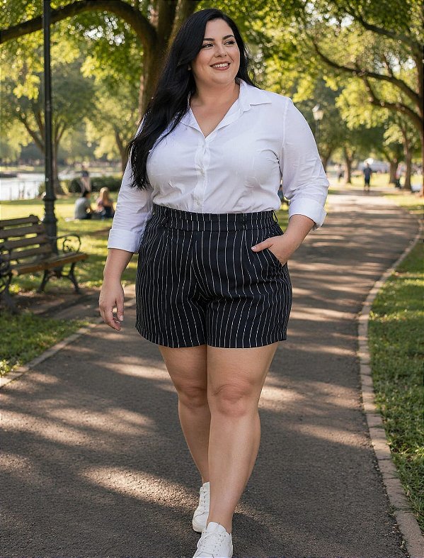 Short Alfaiataria Lia Risca de Giz Preto Plus Size