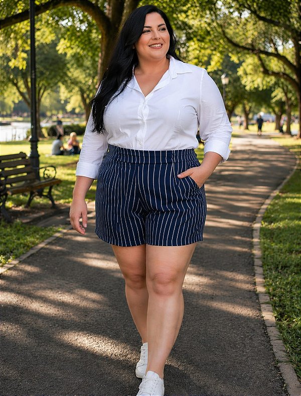 Short Alfaiataria Lia Risca de Giz Azul Plus Size